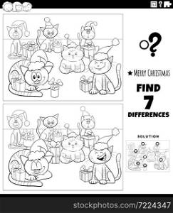 Black and white cartoon illustration of finding differences between pictures educational game for children with funny cats characters on Christmas time coloring book page