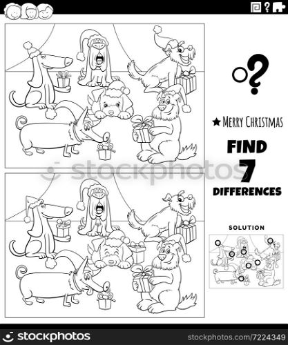 Black and white cartoon illustration of finding differences between pictures educational game for children with funny dogs characters on Christmas time coloring book page
