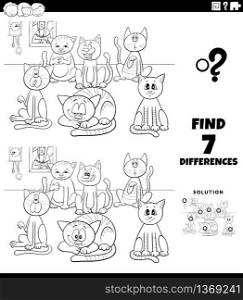 Black and White Cartoon Illustration of Finding Differences Between Pictures Educational Task for Children with Funny Cats Characters Group Coloring Book Page