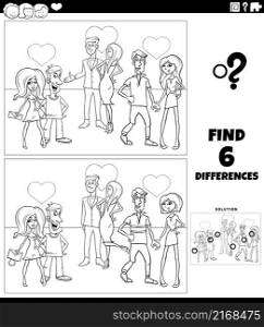 Black and white cartoon illustration of finding differences between pictures educational task with couples in love on Valentines Day coloring book page