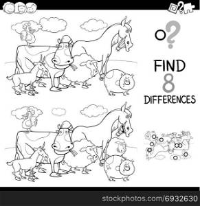 Black and White Cartoon Illustration of Finding Differences Between Two Pictures Educational Activity Game for Kids with Farm Animal Characters Group Coloring Book