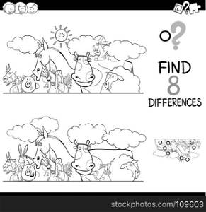 Black and White Cartoon Illustration of Finding Eight Differences Between Two Pictures Educational Activity Game for Kids with Farm Animal Characters Group Coloring Book