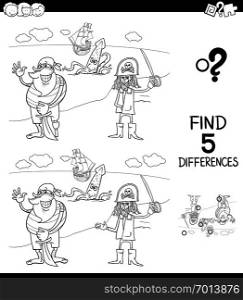 Black and White Cartoon Illustration of Finding Five Differences Between Pictures Educational Game for Children with Funny Pirates Coloring Book