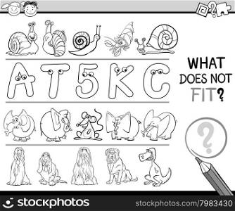 Black and White Cartoon Illustration of Finding Improper Item in the Row Educational Game for Preschool Children with Animal Characters