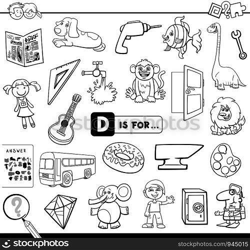 Black and White Cartoon Illustration of Finding Picture Starting with Letter D Educational Task Worksheet for Children Coloring Book