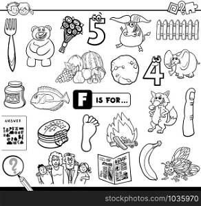 Black and White Cartoon Illustration of Finding Picture Starting with Letter F Educational Task Worksheet for Children Coloring Book