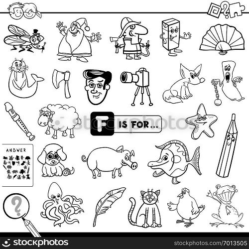 Black and White Cartoon Illustration of Finding Picture Starting with Letter F Educational Game Workbook for Children Coloring Book