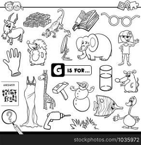 Black and White Cartoon Illustration of Finding Picture Starting with Letter G Educational Task Worksheet for Children Coloring Book