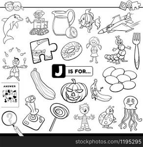 Black and White Cartoon Illustration of Finding Picture Starting with Letter J Educational Task Worksheet for Children with Objects and Characters Coloring Book Page