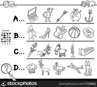 Black and White Cartoon Illustration of Finding Picture Starting with Referred Letter Educational Game Worksheet for Children Color Book
