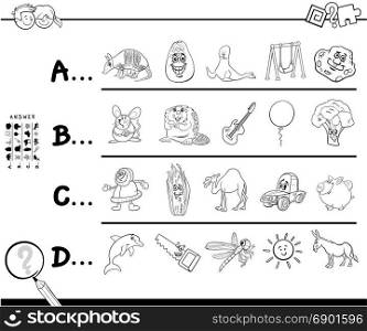 Black and White Cartoon Illustration of Finding Picture Starting with Referred Letter Educational Game Worksheet for Children with Objects and Animals Coloring Book