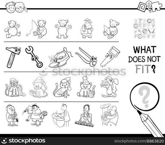 Black and White Cartoon Illustration of Finding Picture that does not Fit with the Rest in a Row Educational Activity for Children for Coloring