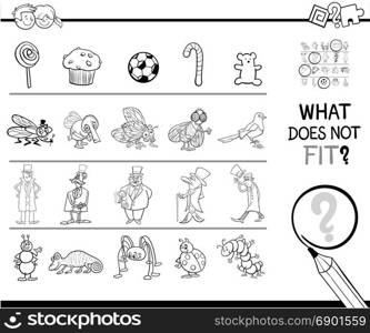 Black and White Cartoon Illustration of Finding Picture that does not Fit with the Rest in a Row Educational Activity with Comic Characters Coloring Book