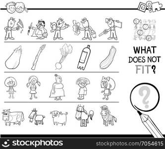 Black and White Cartoon Illustration of Finding Picture that does not Fit with the Rest in a Row Educational Activity with People and Animal Characters Coloring Book