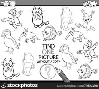 Black and White Cartoon Illustration of Finding Picture without a Copy Game for Preschool Children