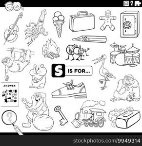 Black and white cartoon illustration of finding pictures starting with letter S educational task worksheet for children with objects and comic characters coloring book page