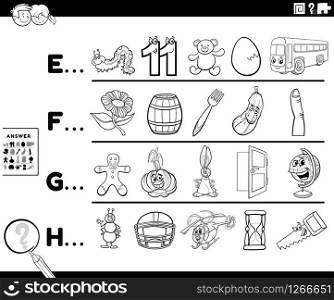 Black and White Cartoon Illustration of Finding Pictures Starting with Referred Letter Educational Game Worksheet for Preschool or Elementary School Kids Coloring Book Page