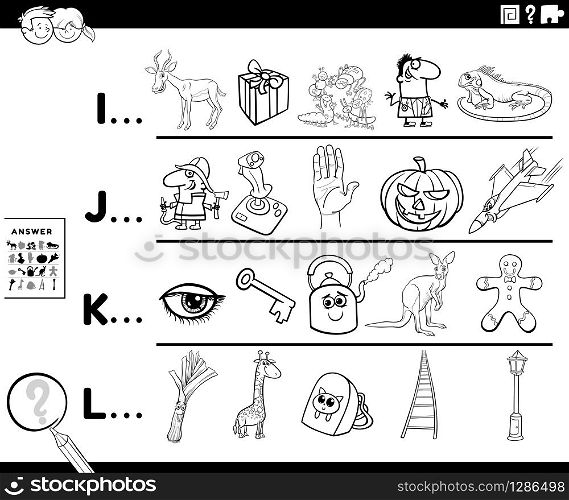 Black and White Cartoon Illustration of Finding Pictures Starting with Referred Letter Educational Task Worksheet for Preschool or Elementary School Kids Coloring Book Page