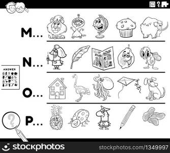 Black and White Cartoon Illustration of Finding Pictures Starting with Referred Letter Educational Task Worksheet for Preschool or Elementary School Kids With Funny Characters Coloring Book Page