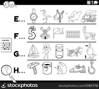 Black and white cartoon illustration of finding pictures starting with referred letter educational game worksheet for preschool or elementary school children with comic characters coloring book page