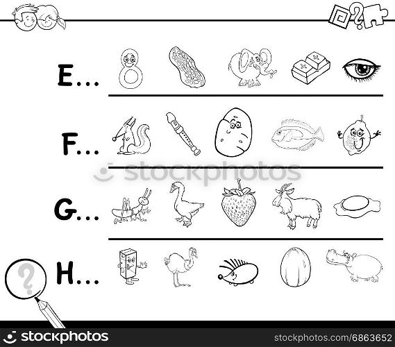 Black and White Cartoon Illustration of Finding Pictures Starting with Referred Letter Educational Game Worksheet for Children Coloring Book