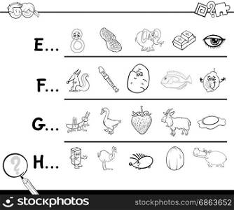 Black and White Cartoon Illustration of Finding Pictures Starting with Referred Letter Educational Game Worksheet for Children Coloring Book