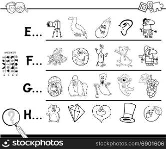 Black and White Cartoon Illustration of Finding Pictures Starting with Referred Letter Educational Game Worksheet for Preschool or School Kids Coloring Book