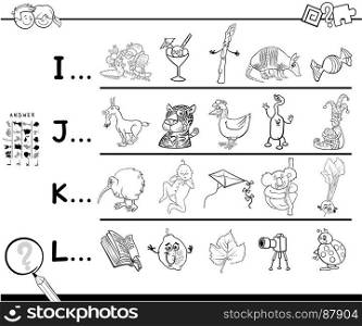 Black and White Cartoon Illustration of Finding Pictures Starting with Referred Letter Educational Activity Game Workbook for Children Coloring Book