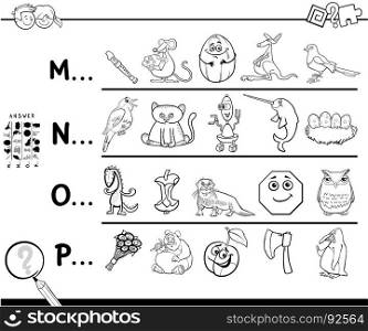 Black and White Cartoon Illustration of Finding Pictures Starting with Referred Letter Educational Game for Kids Coloring Book