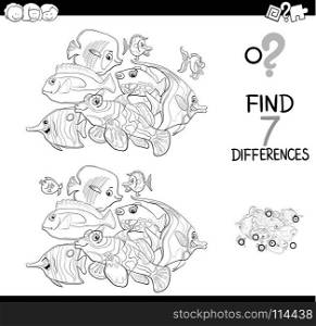 Black and White Cartoon Illustration of Finding Seven Differences Between Pictures Educational Activity Game for Kids with Fish Animal Characters Group Coloring Book