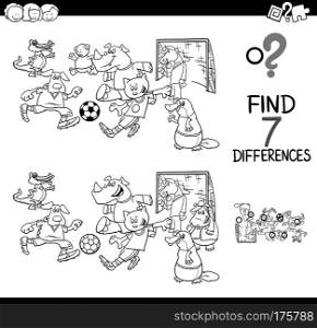 Black and White Cartoon Illustration of Finding Seven Differences Between Pictures Educational Game for Children with Soccer Players Animal Characters Coloring Book