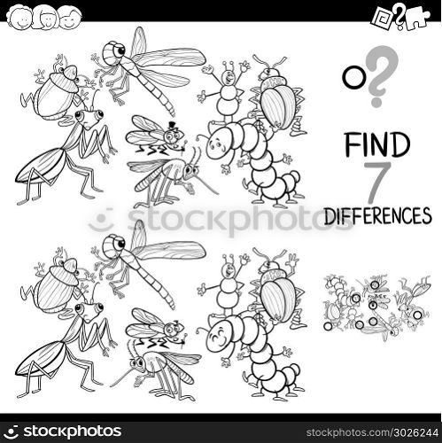 Black and White Cartoon Illustration of Finding Seven Differences Between Pictures Educational Activity Game for Children with Insects Animal Characters Group Coloring Book