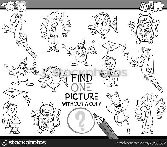 Black and White Cartoon Illustration of Finding Single Picture without a Copy Educational Game for Kids