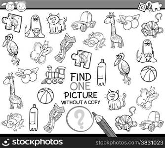 Black and White Cartoon Illustration of Finding Single Picture without Copy Educational Game for Preschool Children