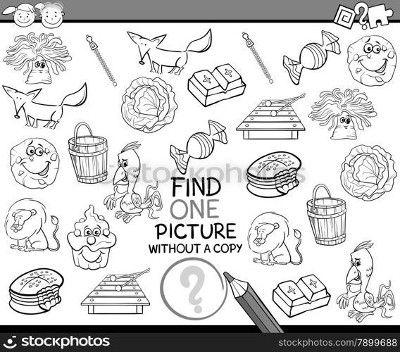 Black and White Cartoon Illustration of Finding Single Picture without Copy Educational Game for Preschool Children