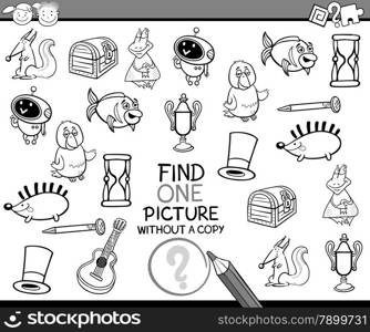 Black and White Cartoon Illustration of Finding Single Picture without Copy Educational Game for Preschool Children