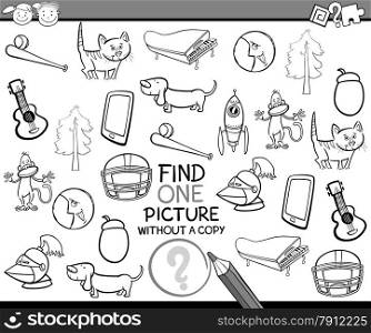 Black and White Cartoon Illustration of Finding Single Picture without Copy Educational Game for Preschool Children
