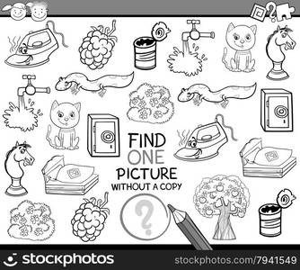 Black and White Cartoon Illustration of Finding Single Picture without Copy Educational Game for Preschool Children