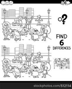 Black and White Cartoon Illustration of Finding Six Differences Between Pictures Educational Game for Children with Happy Kids with their Dogs Characters Group Coloring Book