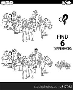 Black and White Cartoon Illustration of Finding Six Differences Between Pictures Educational Game for Children with People Group Coloring Book