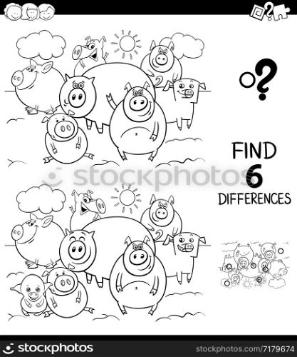 Black and White Cartoon Illustration of Finding Six Differences Between Pictures Educational Game for Children with Pigs Farm Animal Characters Coloring Book