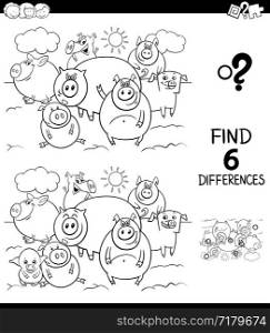 Black and White Cartoon Illustration of Finding Six Differences Between Pictures Educational Game for Children with Pigs Farm Animal Characters Coloring Book
