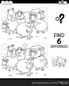 Black and White Cartoon Illustration of Finding Six Differences Between Pictures Educational Game for Children with Sheep Farm Animal Characters Coloring Book