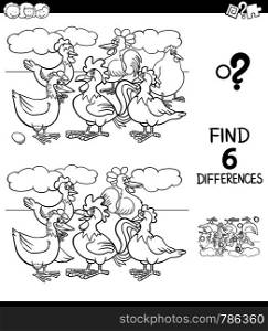 Black and White Cartoon Illustration of Finding Six Differences Between Pictures Educational Game for Children with Hens and Roosters Farm Animal Characters Coloring Book