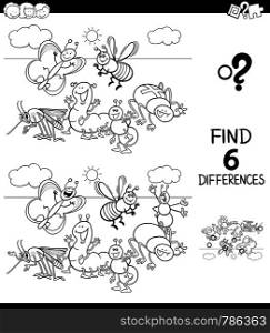 Black and White Cartoon Illustration of Finding Six Differences Between Pictures Educational Game for Children with Hens and Roosters Farm Animal Characters Coloring Book