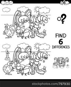 Black and White Cartoon Illustration of Finding Six Differences Between Pictures Educational Game for Children with Funny Insects Characters Coloring Book
