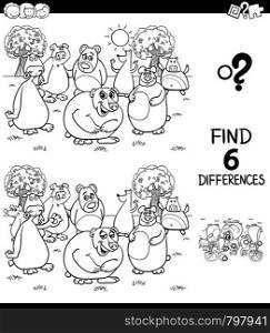 Black and White Cartoon Illustration of Finding Six Differences Between Pictures Educational Game for Children with Bears Animal Characters Coloring Book