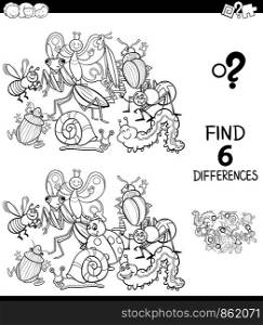 Black and White Cartoon Illustration of Finding Six Differences Between Pictures Educational Game for Children with Insects Animal Characters Coloring Book