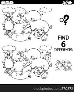 Black and White Cartoon Illustration of Finding Six Differences Between Pictures Educational Game for Children with Pigs Animal Characters Coloring Book