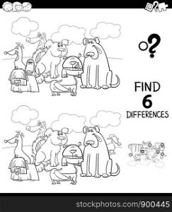 Black and White Cartoon Illustration of Finding Six Differences Between Pictures Educational Game for Children with Dogs Animal Characters Coloring Book
